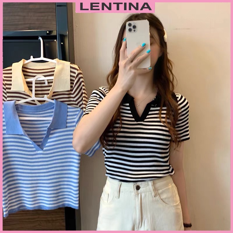 Áo polo dệt kim croptop nữ kiểu kẻ ngang cổ bẻ tay ngắn - Áo thun len nữ ngắn dáng ôm hàng Quảng Châu cao cấp