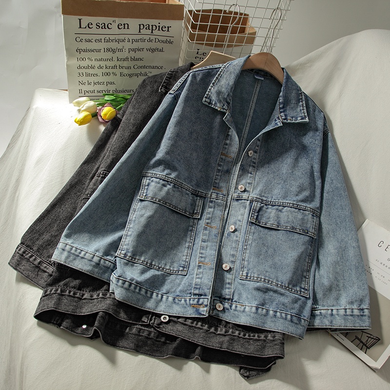Áo khoác Jean denim nữ form rộng tay dài phối túi Hàn Quốc Áo khoác bò nữ Thiết kế Phong cách Retro vintage cổ điển
