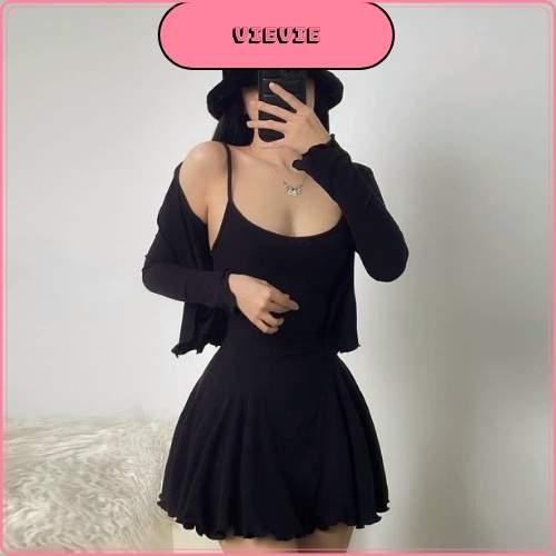 Set Váy Ôm BODY 2 Dây Dáng Xòe Kèm Áo Khoác Chất Thun Tăm FREESIZE