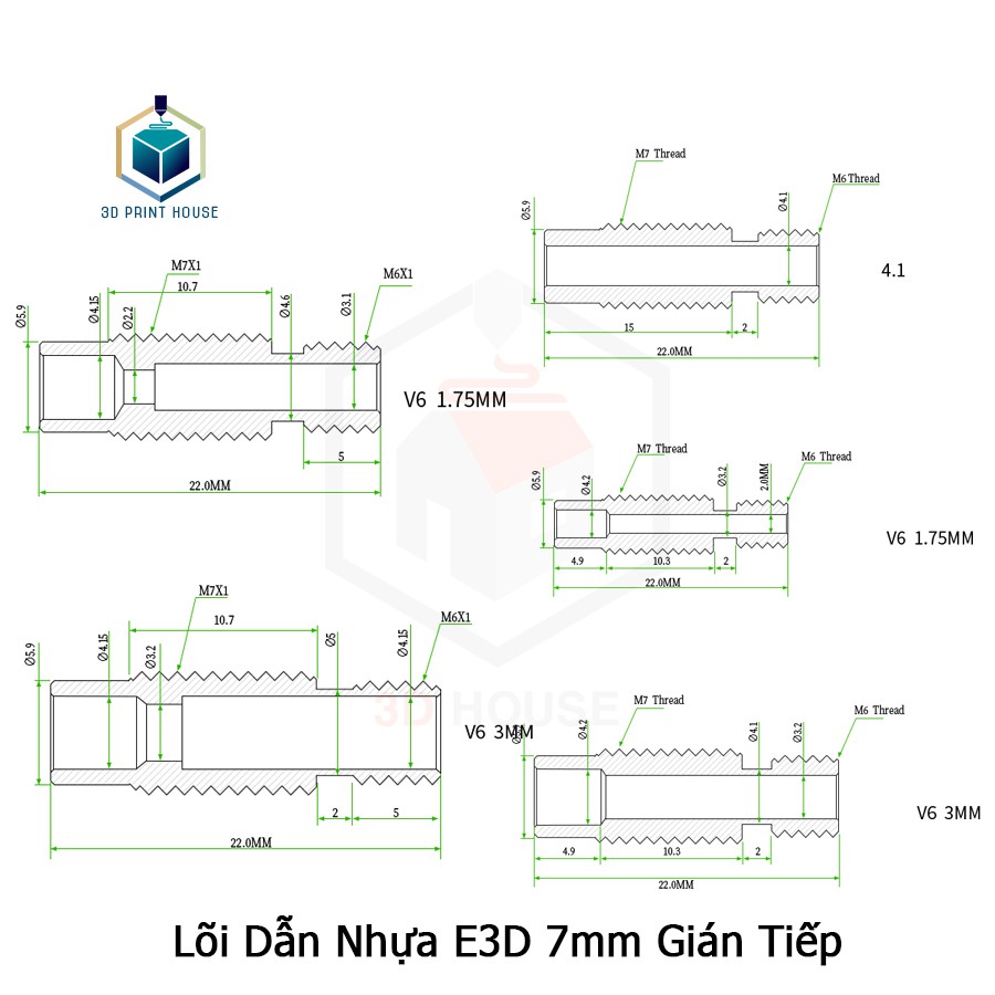 Lõi Dẫn Nhựa E3D V6 Gián Tiếp 7mm Máy In 3D