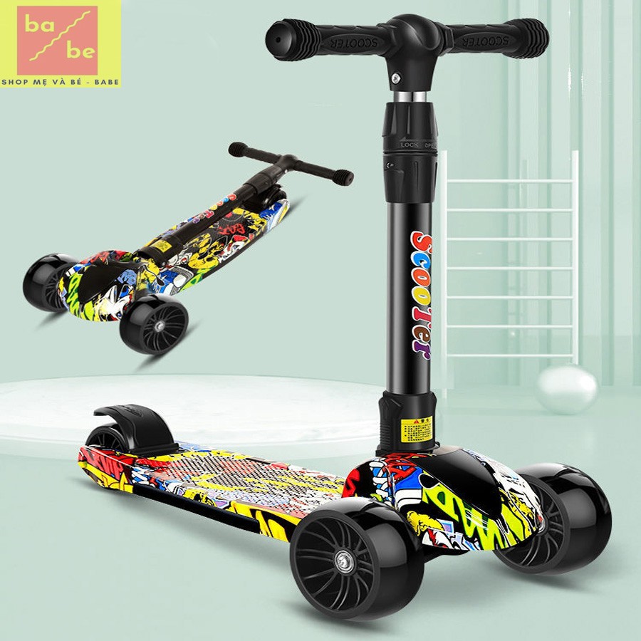 Xe trượt Scooter gấp gọn khung thép cacbon - Xe trượt Scooter GRAFFITI 3 bánh xe lớn có đèn.