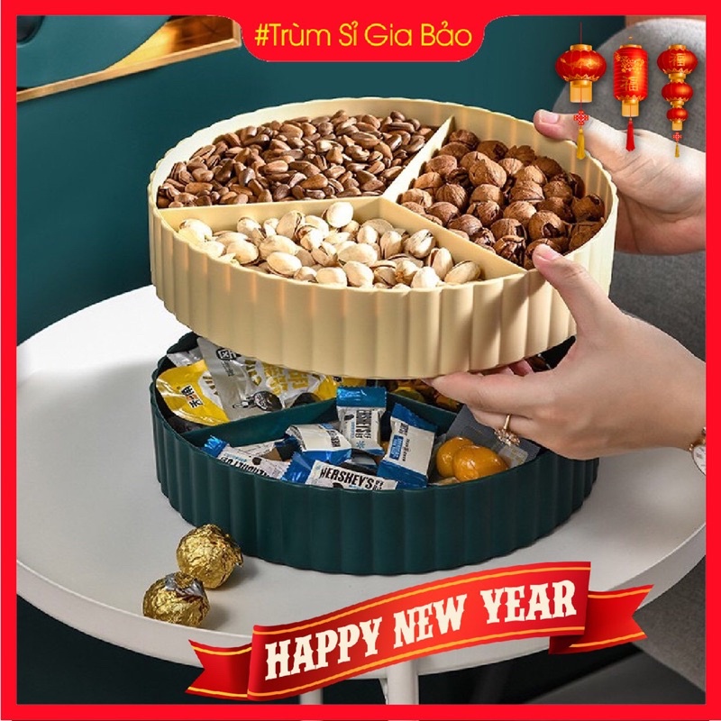 Khay đựng bánh kẹo Tết 2024 Giáp Thìn sang trọng, hộp để mứt Tết 2 tầng, hũ mức các loại hạt dưa, hướng dương hươu vàng