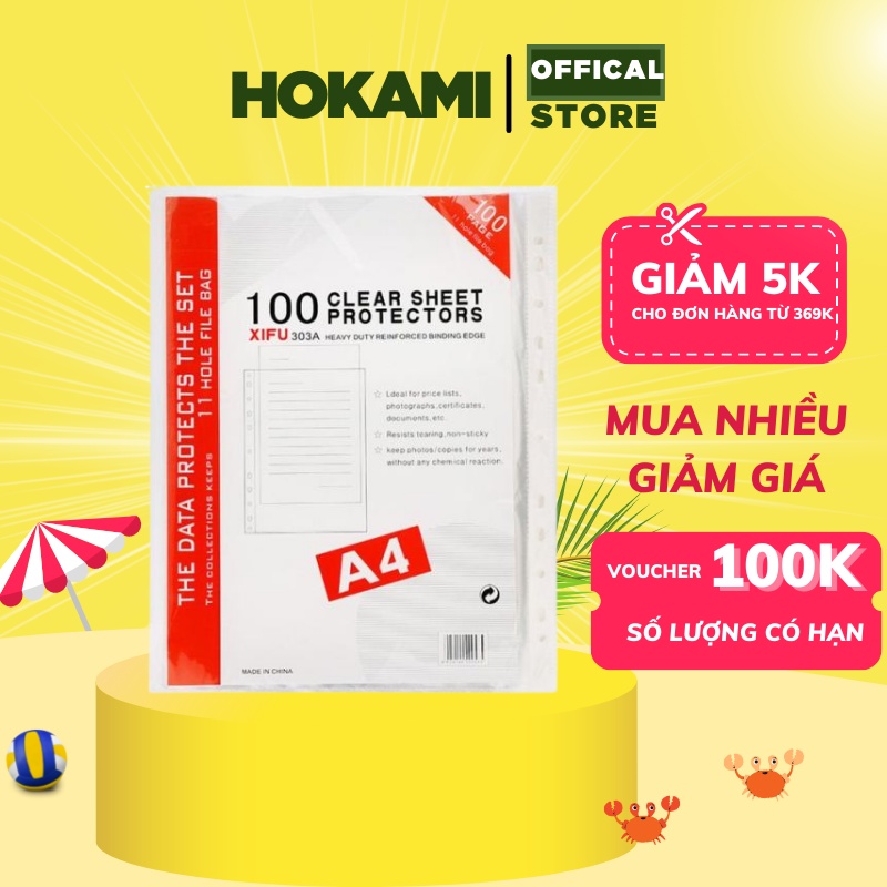 Túi đựng tài liệu sơ mi đục lỗ khổ A4 - 1 túi 100 cái trong suốt bền dai đựng hồ sơ văn phòng - HOKAMI STORE