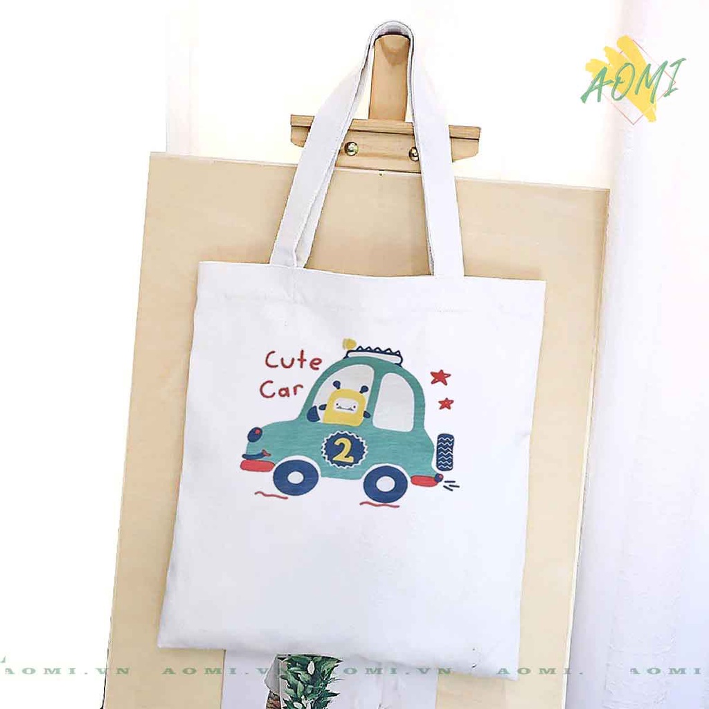 TOTE CANVAS hoat hình khủng long cute  TÚI VẢI ĐEO VAI BAG CÓ KHÓA KÉO SIZE LỚN 33x38cm AOMIVN DU LỊCH DẠO PHỐ