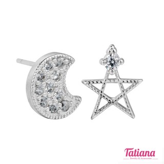 Bông tai mạ bạc zircon bất đối xứng trăng sao - Tatiana - B1013