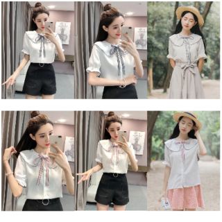 Áo sơ mi vintage trắng bèo ngực buộc nơ