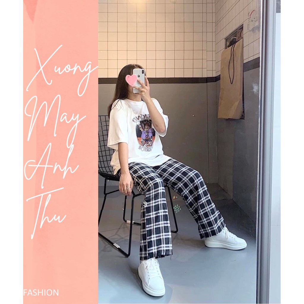 Set weekend quần kẻ kèm áo thun form rộng tay lỡ oversize - Bộ đồ ngủ mặc ở nhà, culottes suông ống rộng sớ chun Ulzzang