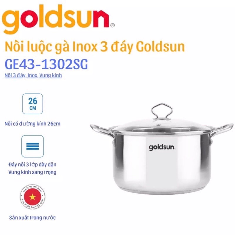 Nồi luộc gà inox Goldsun GE43-1302SG size 26-28-30cm dùng cho tất cả loại bếp(TỪ, GA, HỒNG NGOẠI)