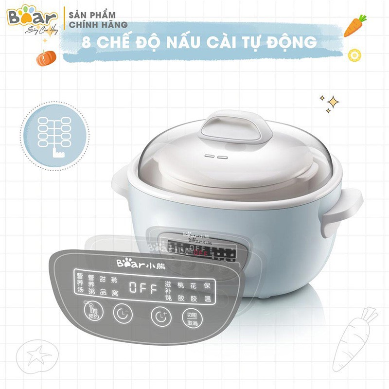 Bộ nồi nấu cháo chậm Bear 5 lõi 2.5L C25E1, mẫu nồi nấu chậm, hầm cháo chậm cho bé, hầm thức ăn giá trị dinh dưỡng cao