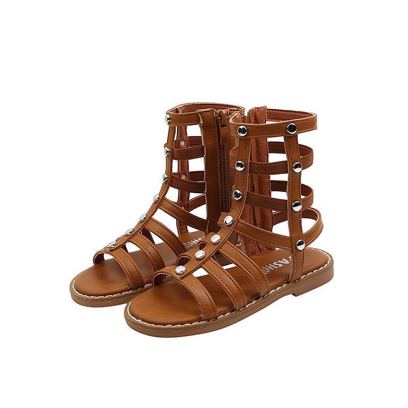 Sandal chiến binh bé gái - dép quai hậu cổ cao đế mềm chống trượt hở ngón đính đinh tán có khóa kéo da PU QCCC 370(26-35