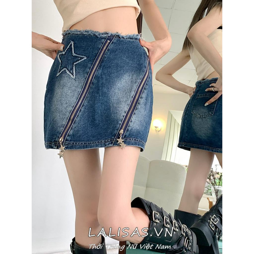 Lalisas Chân váy jean Ngắn Chữ A Lưng Cao Họa Tiết Ngôi Sao Viền Thô Phong Cách retro Cho Nữ