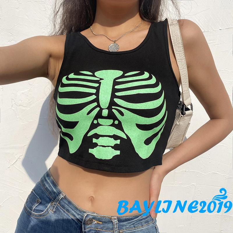 Áo Croptop Dệt Kim Sát Nách In Hình Bộ Xương Cá Tính Cho Nữ