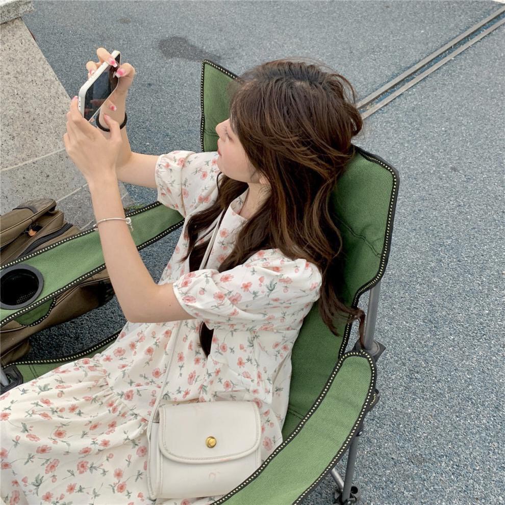 Váy babydoll hoa nhí dáng xòe cổ tròn tay bồng