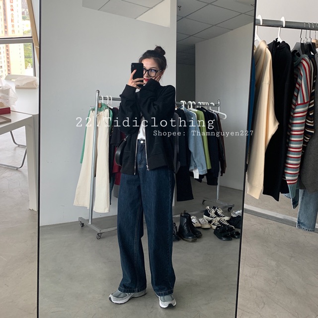 Quần jeans ulzzang ống rộng xanh đậm form dài suông có bigsize / quần ulzzang bò ống đứng retro có big size