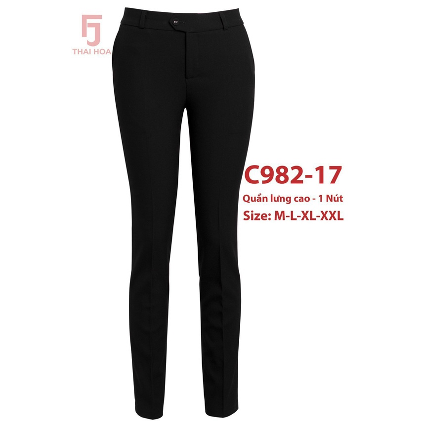 Quần Tây Thái Hòa lưng cao 1 nút màu đen vải co giãn