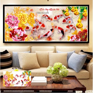 Tranh thêu chữ thập Cửu Ngư Quần Hội, Kích Thước 130x65cm - 150x70cm
