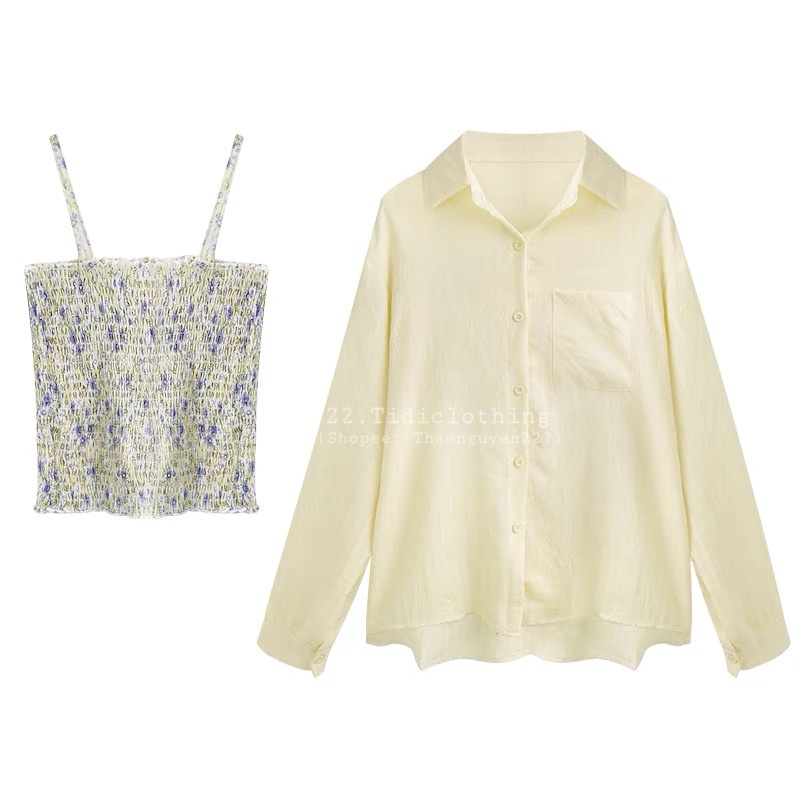 Set áo sơ mi mỏng và áo hai dây dún hoa ulzzang