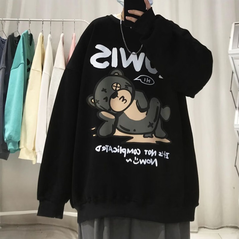 Áo Sweater Tay Dài Cổ Tròn Dáng Rộng In Hình Gấu Hoạt Hình Phong Cách Hip hop Thời Trang Cho Nam Giới Size M-5XL