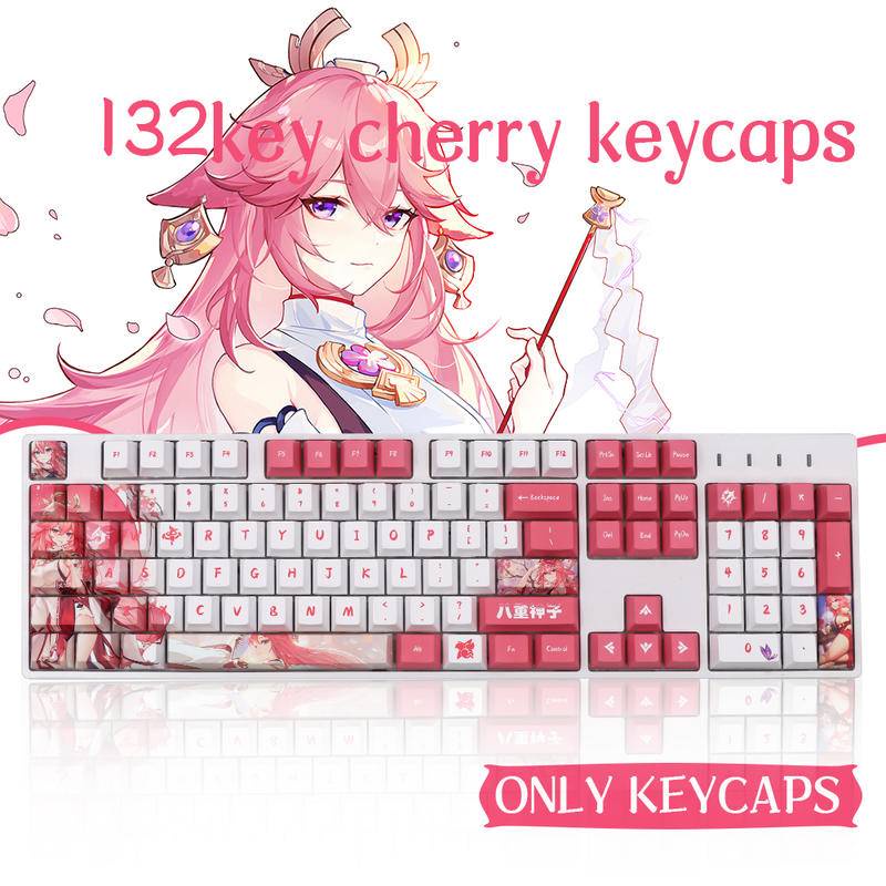 Set 132 Nút Bàn Phím Genshin Impact Yae Miko Keycap PBT Màu Hồng Trắng Cá Tính Mechanical Keyboard Dye Sub