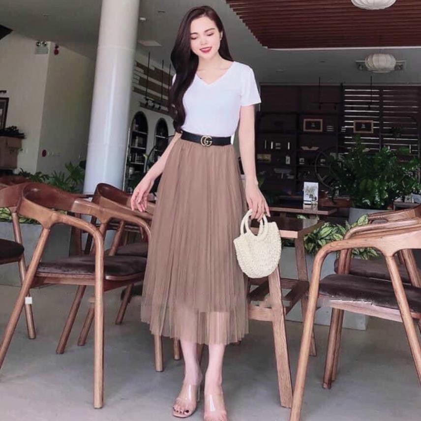 Chân váy xếp ly phối lưới nữ dáng dài qua gối mặc được 2 mặt TEMA