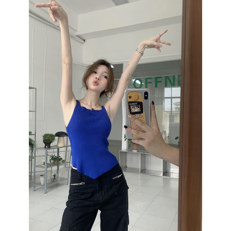 Áo Dệt Kim Hai Dây Trễ Vai Dáng Ngắn Thời Trang Mùa Hè Cho Nữ