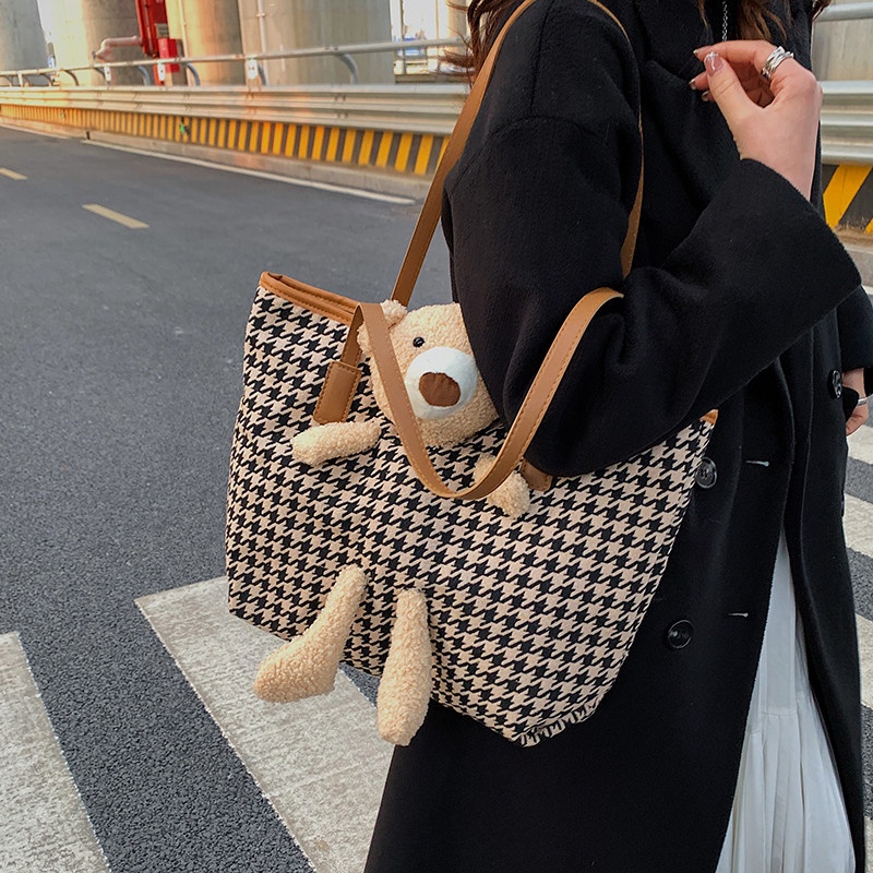 Túi Tote Đeo Vai Cỡ Lớn Họa Tiết Sọc Caro Thời Trang Thu Đông Cho Học Sinh