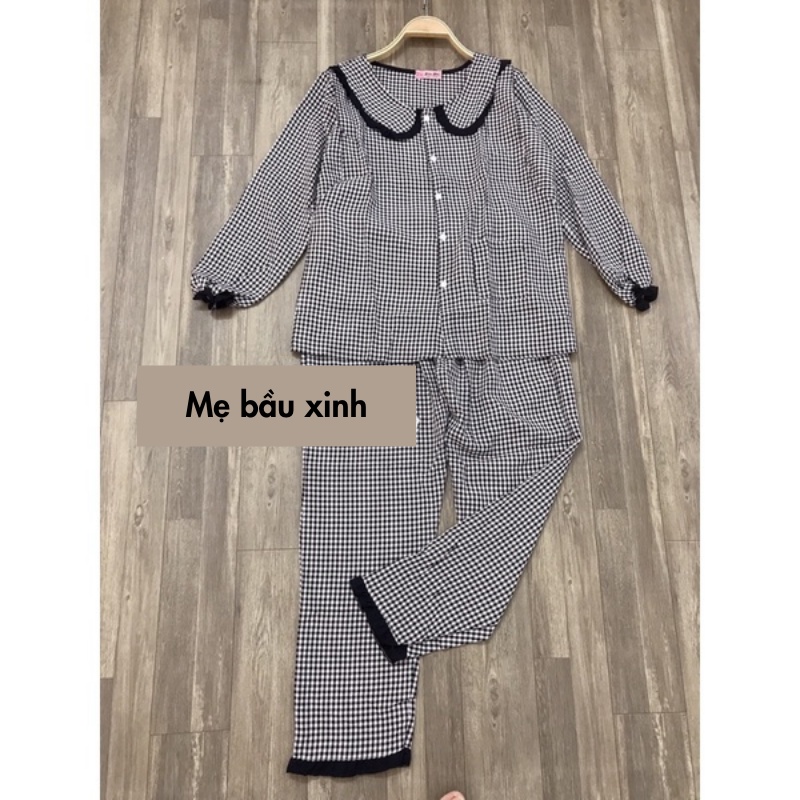 Bộ đồ sau sinh,mặc nhà, thô đũi kẻ cổ sen, có khoá ngực cho bé ti(45-70kg)A030