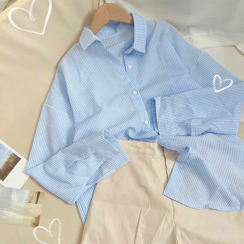 ‼️set sơmi sọc xanh + quần sọt nude