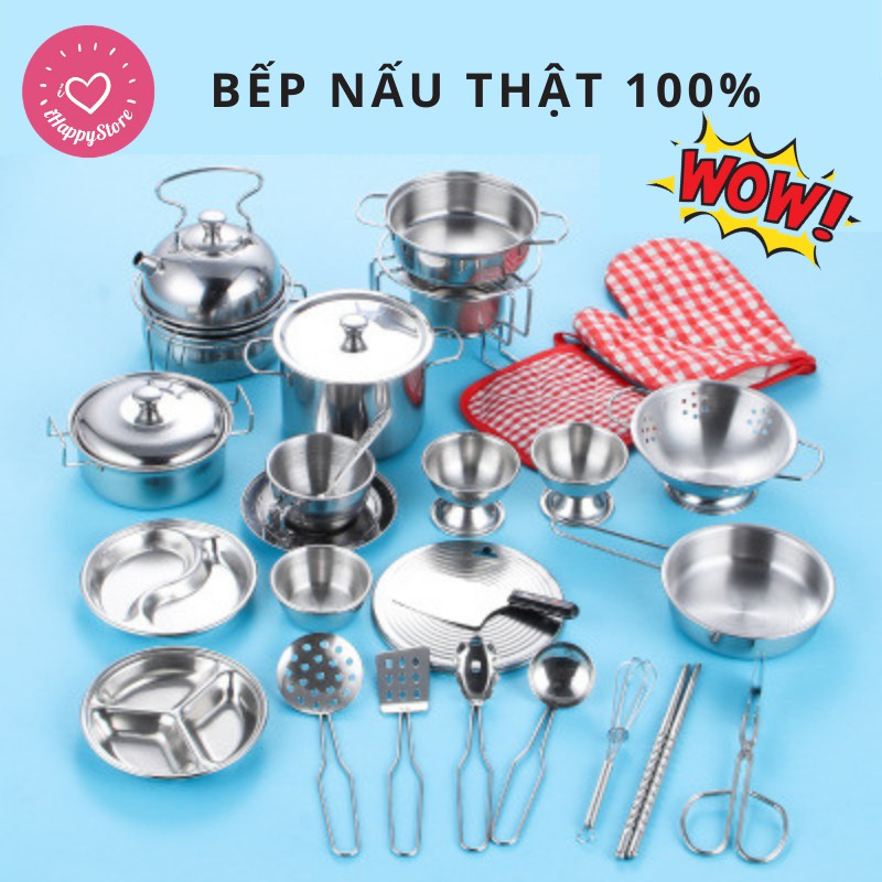 [Hàng Đẹp] Bộ Đồ Chơi Nấu Ăn THẬT Bằng Inox Cho Bé Gái, Bé Trai 30 Món Mini- iHappyStore