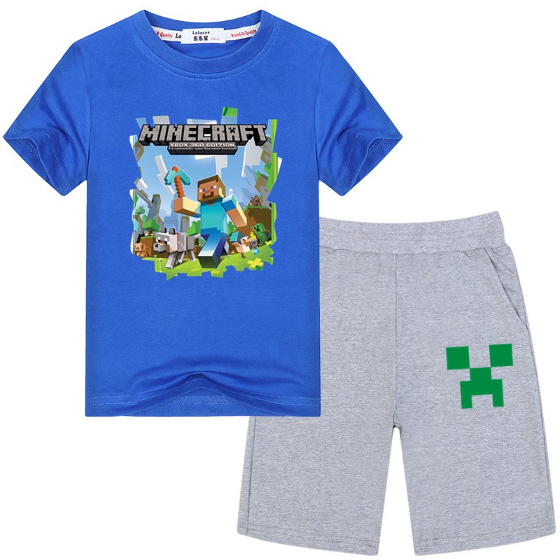 Bộ Đồ Bé Trai 2 Món Gồm Áo Thun + Quần Short Phong Cách Minecraft