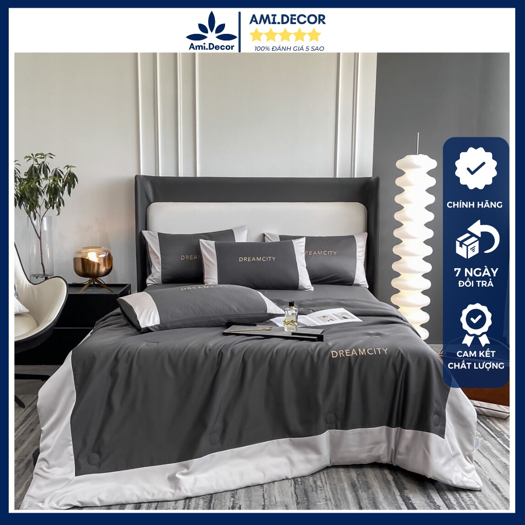 Bộ chăn ga gối lụa nhập khẩu cao cấp DREAMCITY chăn chần họa tiết đơn giản sang trọng, ga gối lụa siêu mềm mịn không xù