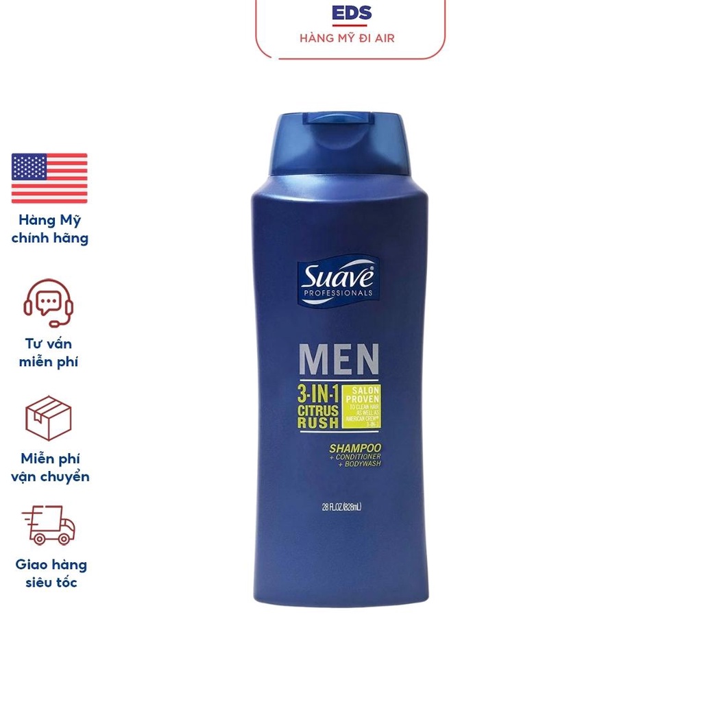 Sữa tắm, gội, xả Suave Men 3in1 hương thơm mạnh mẽ làm sạch và dưỡng ẩm làn da - EDS Hàng Mỹ