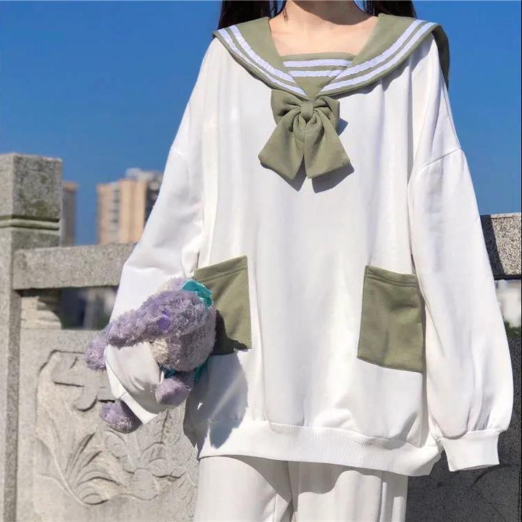Áo sweater Tay Dài Cổ Thủy Thủ Dáng Rộng Đính Tai Thỏ Dễ Thương Thời Trang Thu Đông Nhật Bản Dành Cho Bạn Gái Tuổi Trung Niên