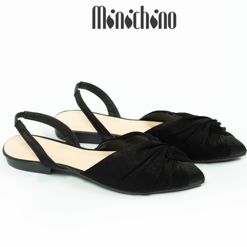 Giày sandal nữ gót cao 1cm MINICHINO mũi nhọn hở gót, phối nơ thời trang màu đen TC033