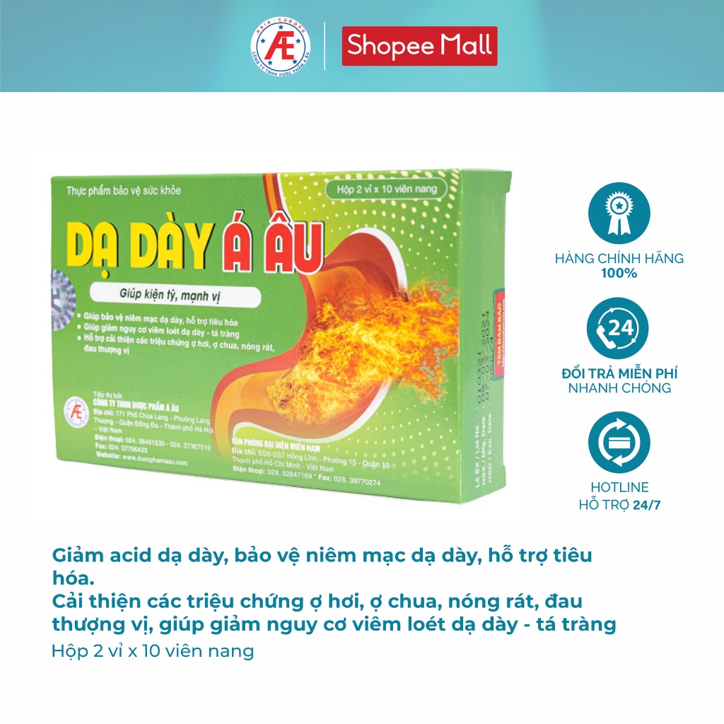 Dạ Dày Á Âu hộp 20 viên - Cải thiện chứng ợ hơi ợ chua, giảm nguy cơ viêm loét dạ dày hỗ trợ tiêu hóa DƯỢC PHẨM Á ÂU