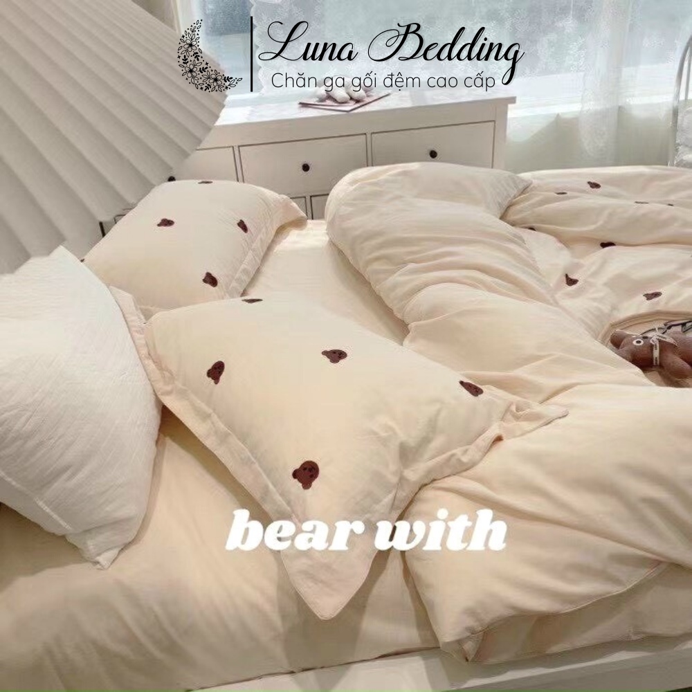 Bộ Chăn Ga Gối Teddy Bear Đũi Mềm Mại Luna Bedding