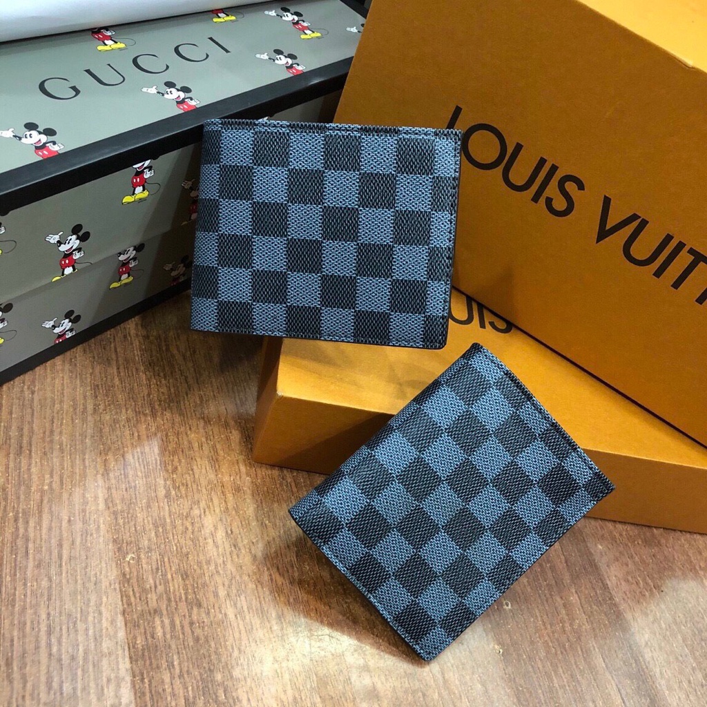 Ví Da Nam giá rẻ nhiều ngăn GC,LV kẻ caro, Hoa nâu trẻ trung thời trang fullbox