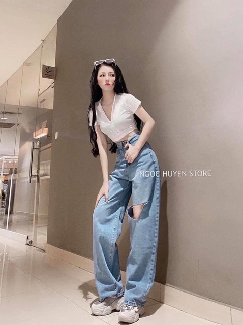 QUẦN JEANS ỐNG SUÔNG RÁCH GỐI