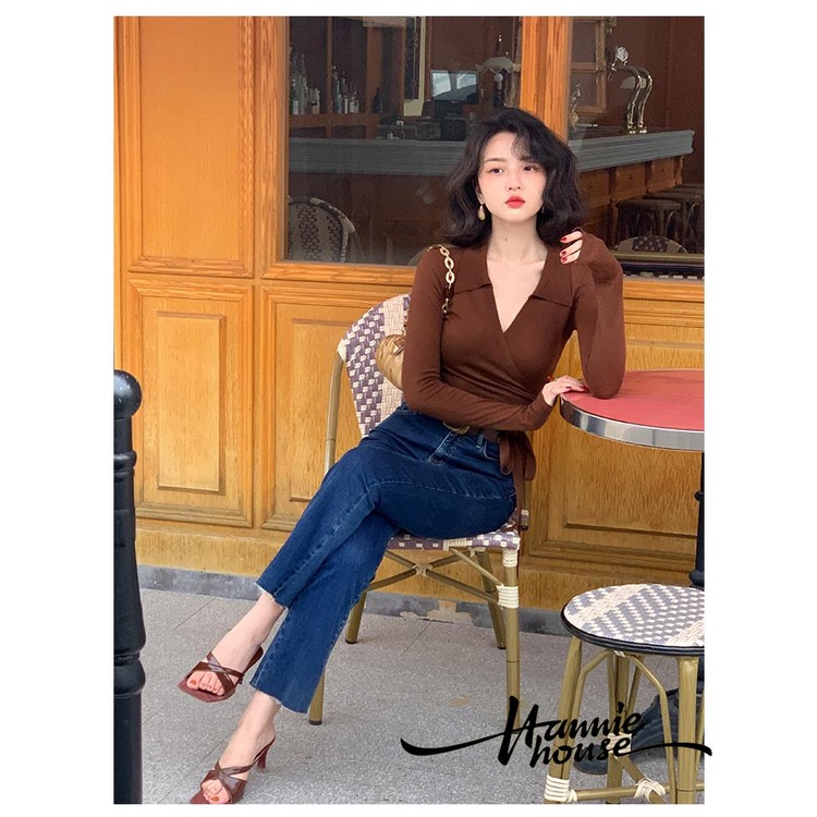 Áo dệt kim cột dây tay dài cổ chữ V màu trơn dành cho bạn nữ