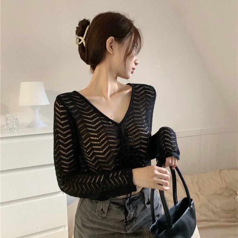 Áo Len Nữ Dài Tay Màu Nâu Trắng Đen Cổ V Rút Dây Chất Len Lưới, Áo Len Thu Đông Phong Cách Hàn Quốc Đủ Size Chất Đẹp