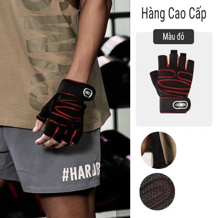 [Hot] Găng tay thể thao tập Gym hở ngón, Bao Tay Thể Thao, Phượt Chuyên Nghiệp có quấn cổ tay trợ lực, chất vải dày - P2