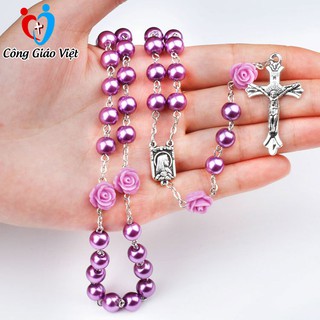 Tràng hạt mân côi Công Giáo 50 hạt giá ngọc trai sang trọng, chuỗi mân côi thánh giá điểm hoa hồng.