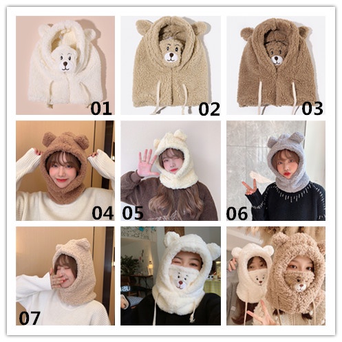 Nón trùm đầu bằng vải lông hình chú gấu hoạt hình chụp tai kèm khăn choàng chống gió