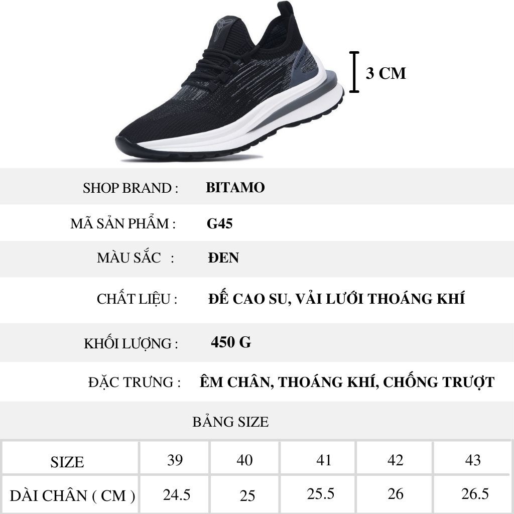 Giày nam độn đế cổ thấp cao cấp màu đen kiểu dáng basis năng động trẻ trung vải thoáng khí size 39 đến 43 | BigBuy360 - bigbuy360.vn