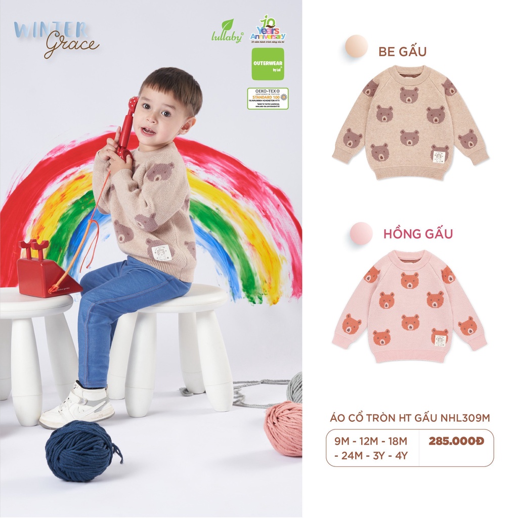 Áo len cổ tròn mềm mại họa tiết gấu trẻ em Lullaby