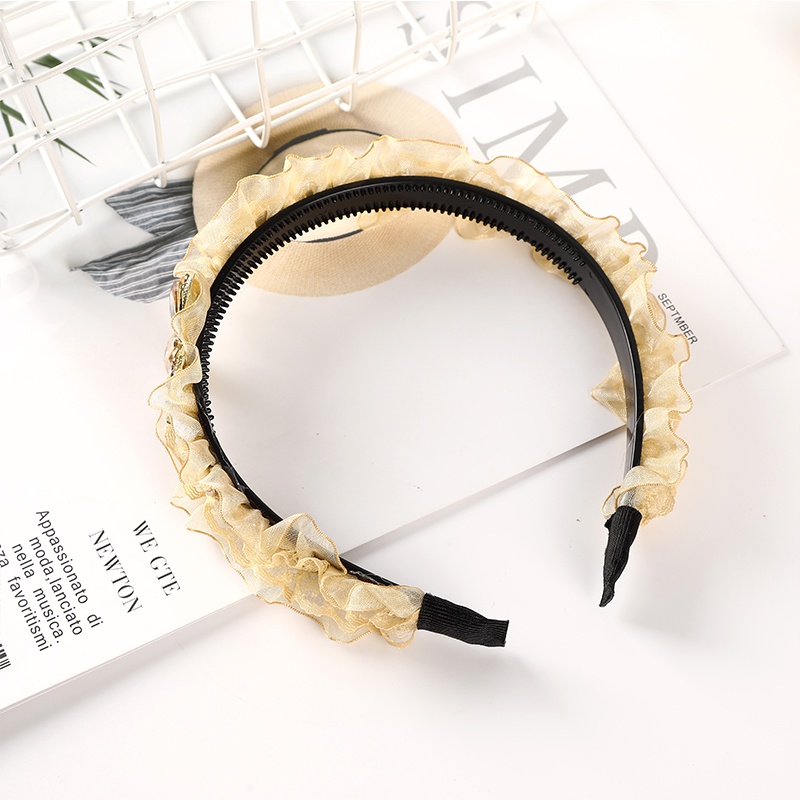 Cài tóc Haimeikang vải organza bản rộng thắt nút đính đá quý và ngọc trai đơn giản gấp lại được cho nữ