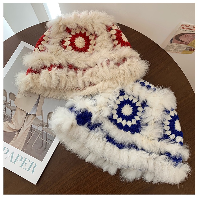 Mũ Bucket Dệt Kim Phối Lông Màu Tương Phản Thời Trang Hàn Quốc Cho Nữ