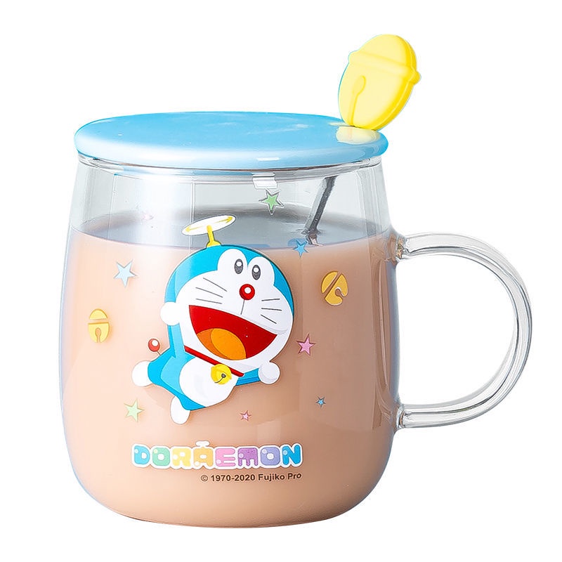 Cốc Thủy Tinh 500ML Hình Doraemon Kèm Muỗng Và Nắp Đậy