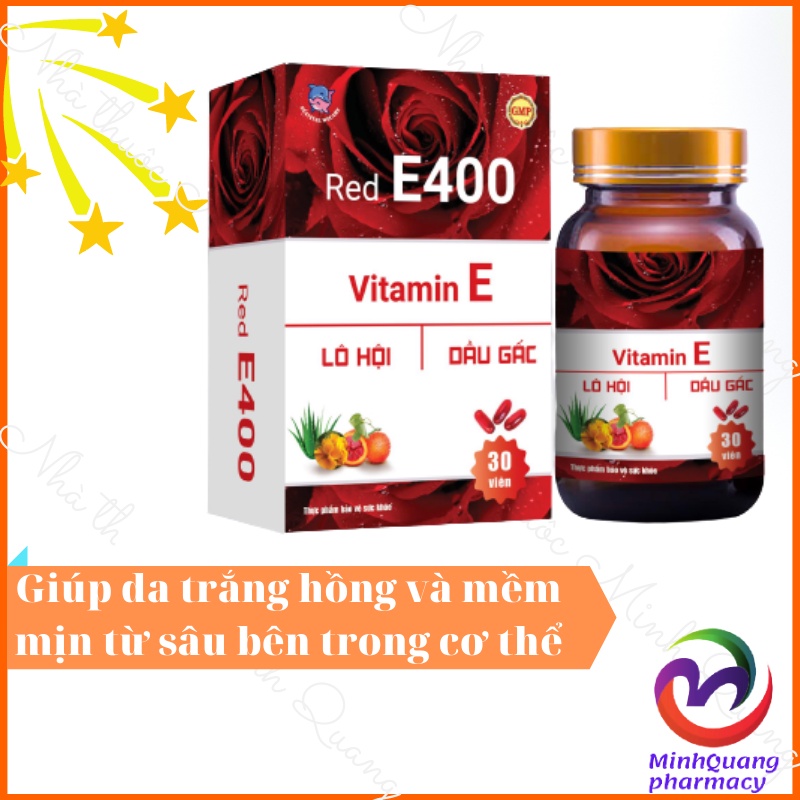 RED E 400 - VITAMIN E 400. Kết hợp lô hội, dầu gấc, tinh dầu hoa anh thảo. Vitamin E đỏ. Hộp 30 viên