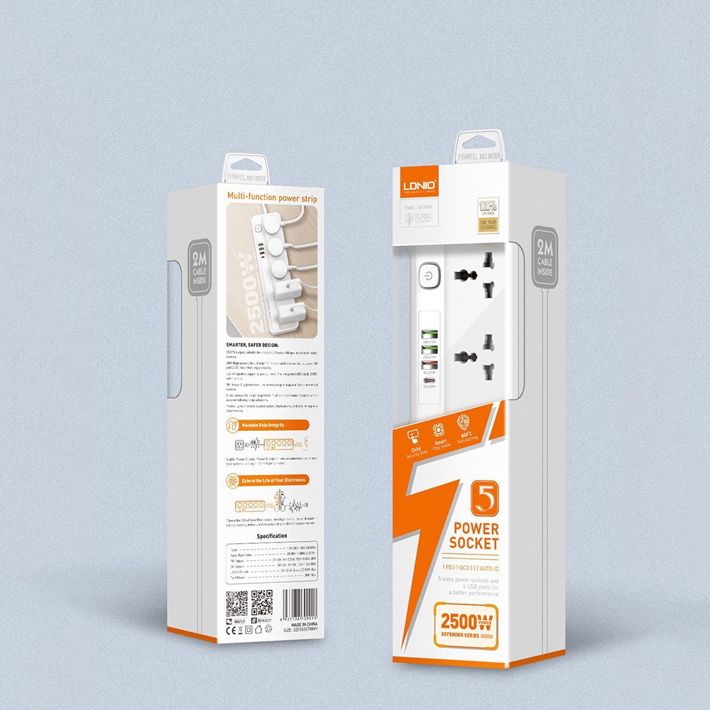 Ổ cắm điện LDNIO SC5415, 5 lỗ cắm + 3 USB-A & 1 USB-C , sạc nhanh PD & QC 3.0, dây 200CM, đầu EU 2 chấu tròn
